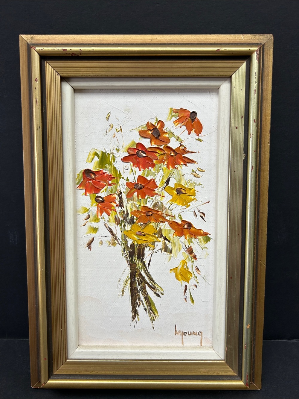 Vintage 1970’s framed artist signed “I V Young” oil on board Autumn flowers